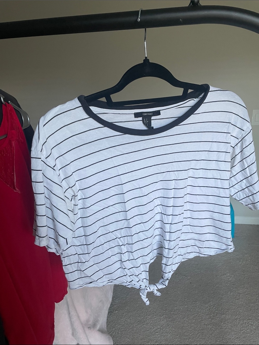 Forever 21 White & Black Striped Tie-Front Crop Top